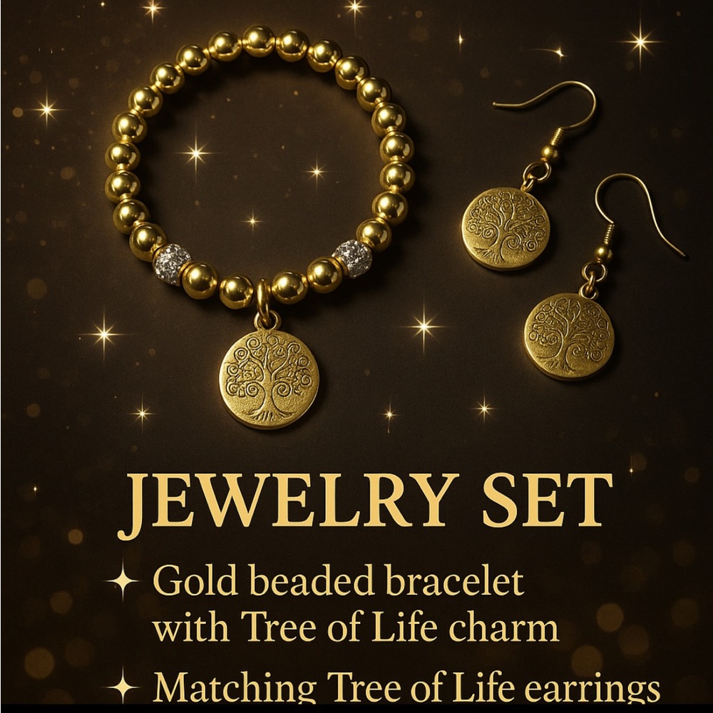 Gold Beaded Jewelry Set with Tree of Life